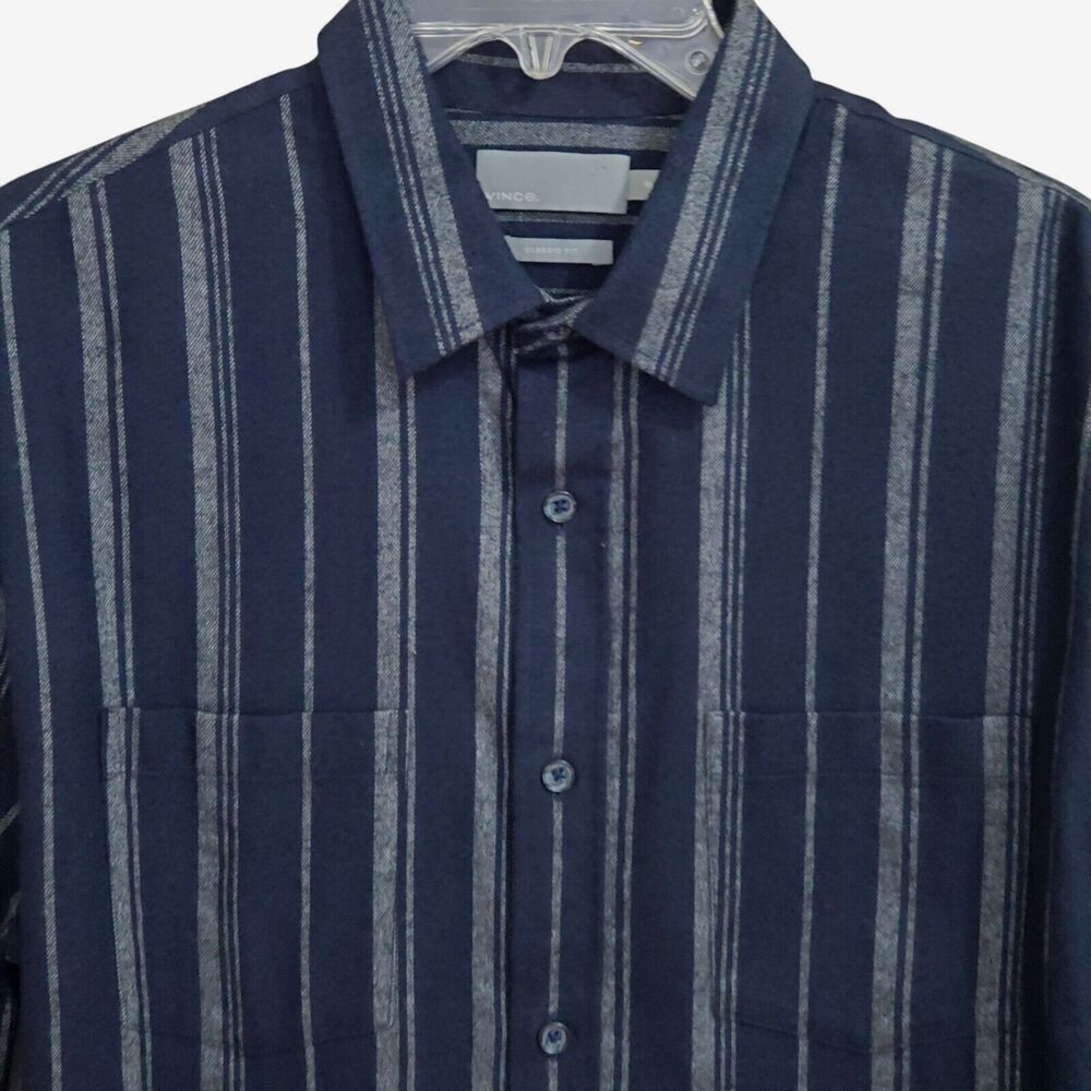 Vince Mens M Classic Fit Shirt Long Sleeve Blue Gray Striped Button Front cotton